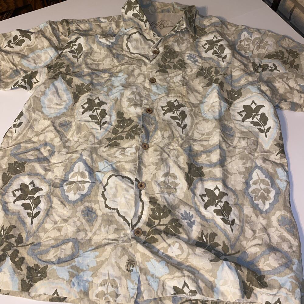 Tommy Bahama Shirt Linen Silk Blend Mens Large Floral Neutrals Short Sleeve